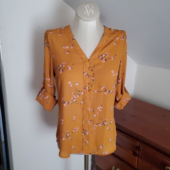 Express Tops - Express Mustard Floral Top XS